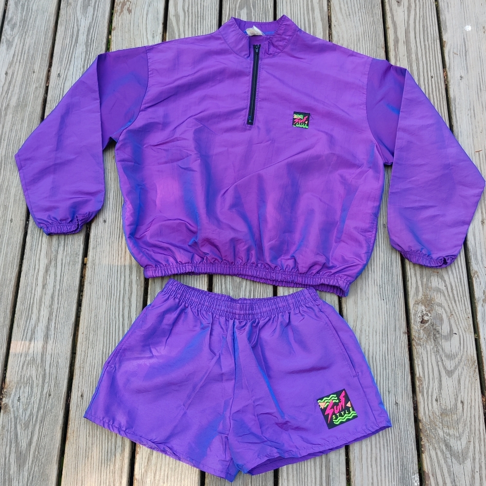 Y2K Surf Style Swim Trunks L & Windbreaker 1/4 Zip OS Iridescent Purple Beach